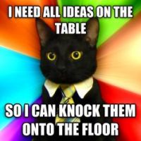business meme says I need all ideas on the table so I can knock them onto the floor