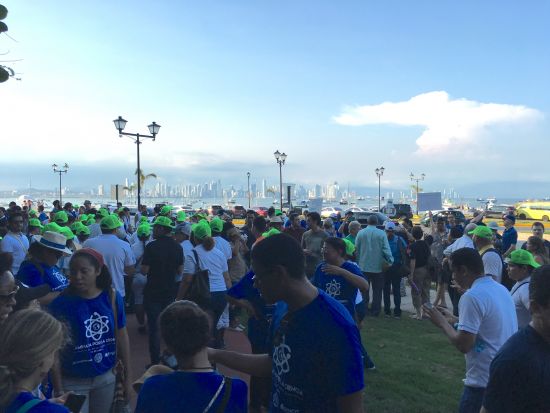 Supporters of science congregate at the very end of the Caminata por la Ciencia. Panama City's skyline is in the background.